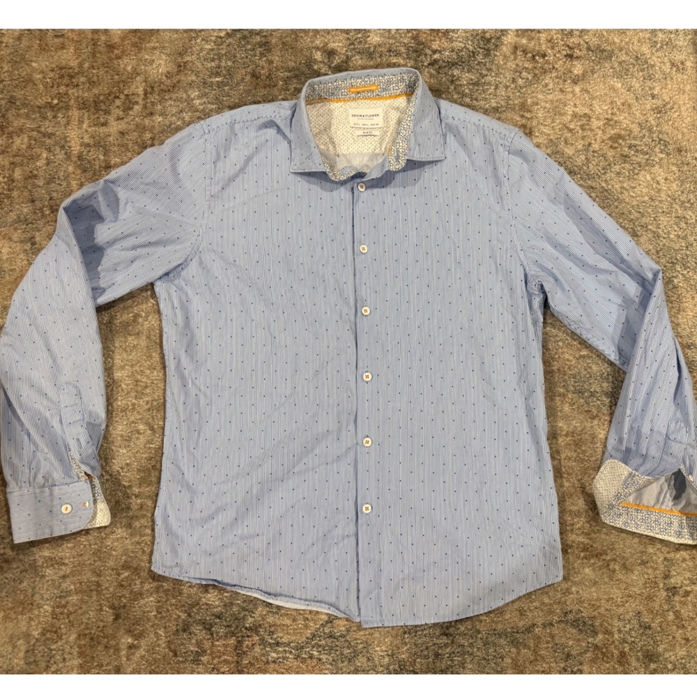 Denim & Flower Ricky Singh Mens Slim Fit Shirt Blue Stripe Polka Dot Large L